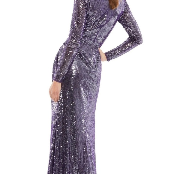 Mac Duggal Purple Sequined High Neck Long Sleeve Draped Gown - Size 2 - Picture 2 of 3